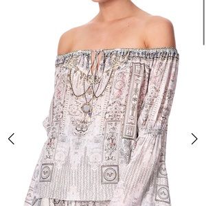 Camilla Crystal Castle Drop Sleeve Top Lace Bell Sleeves  L Silk Crystals nwot